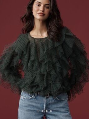 NWT Anthropologie Dolan Left Coast Mesh Ruffle Polka Dot Green Top